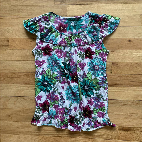 Macys Tops - Floral Patterned Green, Blue, and Purple Blouse with Ruffled Sleeves
